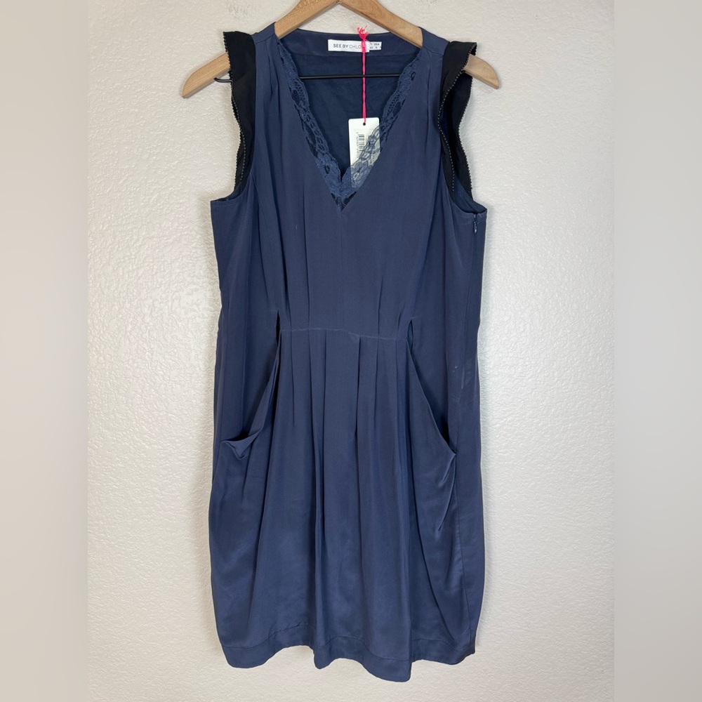 See by Chloe Navy Blue Lace Trim Silk Mini Dress size 6 NEW $630